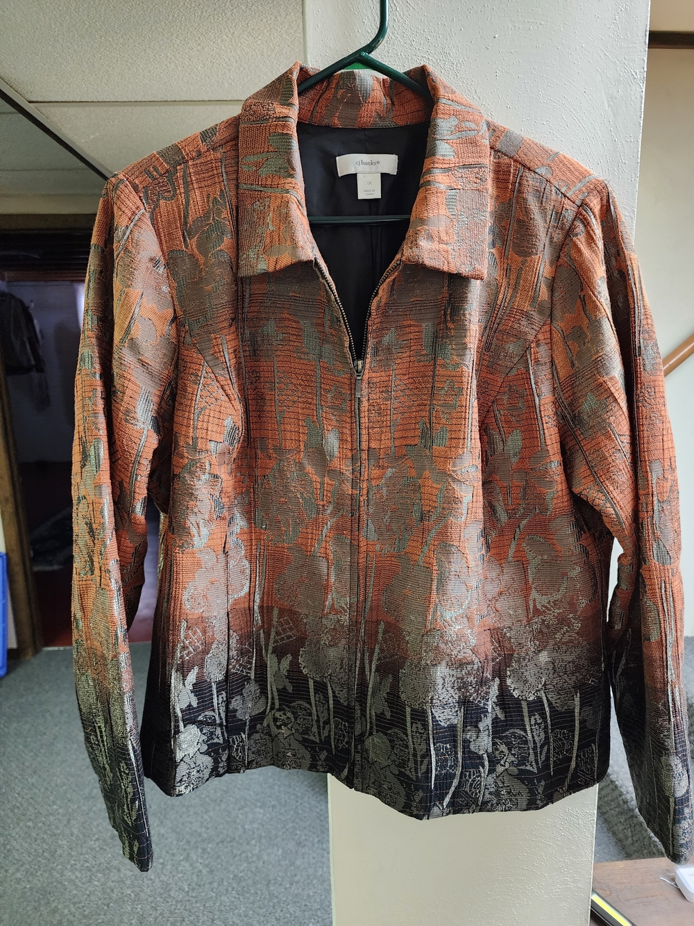 CJ Banks 1x Elegant Women's Orange Floral Zip-Front Jacket